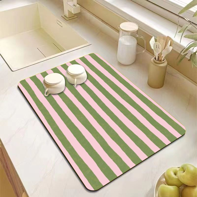 Bar Mat Rubber - Aesthetic Pink Green Striped Kitchen Counter